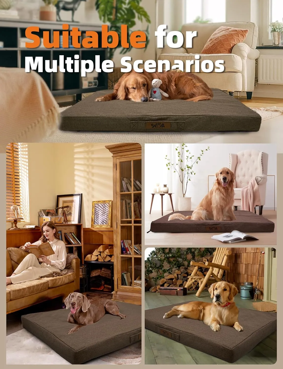 Sytopia 36-Inch Chew-Resistant Dog Bed  Large, Waterproof & Orthopedic Pet Bed for Outdoor Use. Supports Up to 60 lbs, Machine-Washable, Great for Crates  Caramel Brown
