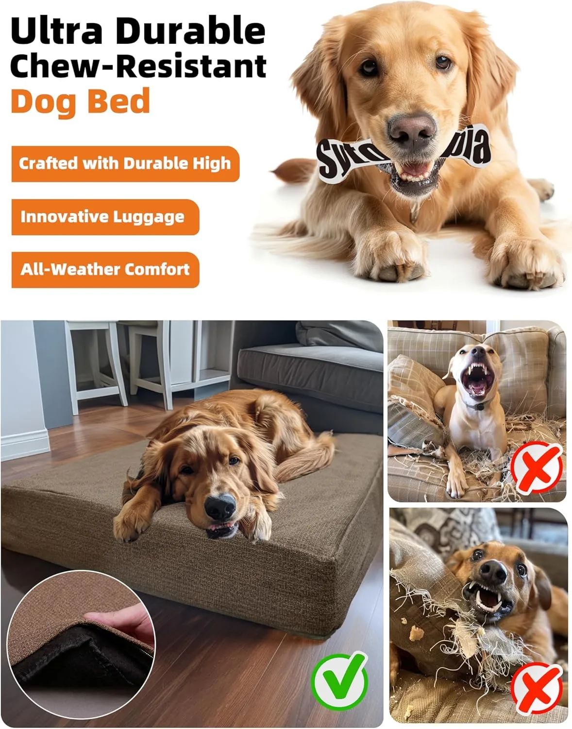 Sytopia 36-Inch Chew-Resistant Dog Bed  Large, Waterproof & Orthopedic Pet Bed for Outdoor Use. Supports Up to 60 lbs, Machine-Washable, Great for Crates  Caramel Brown