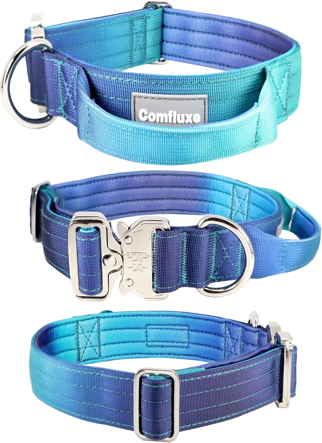 Tactical Dog Collar, Wide Thick Heavy Duty Dog Collar with Handle, Soft Neoprene Padded Military-Grade Nylon Training Collar with Quick Release Metal Buckle for Large Dogs (Blue, M)