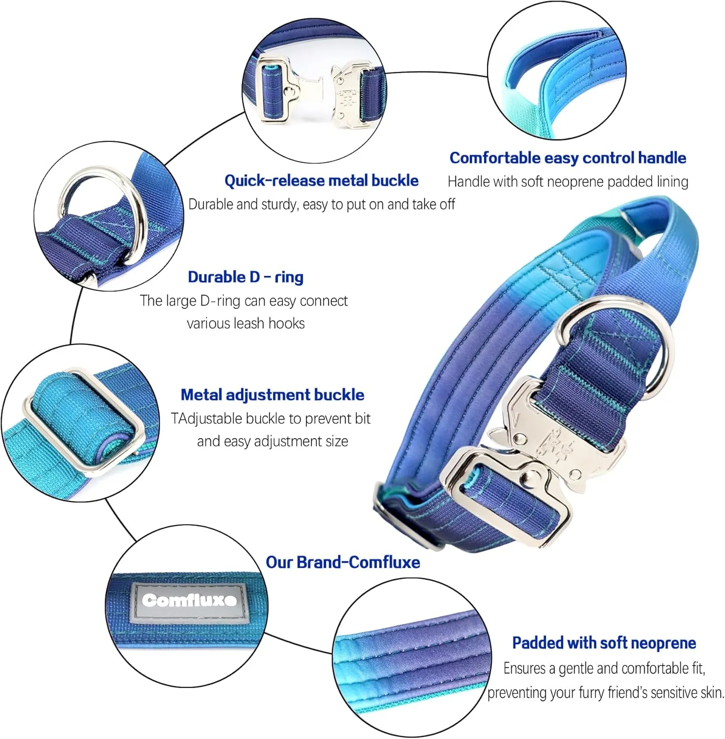 Tactical Dog Collar, Wide Thick Heavy Duty Dog Collar with Handle, Soft Neoprene Padded Military-Grade Nylon Training Collar with Quick Release Metal Buckle for Large Dogs (Blue, M)
