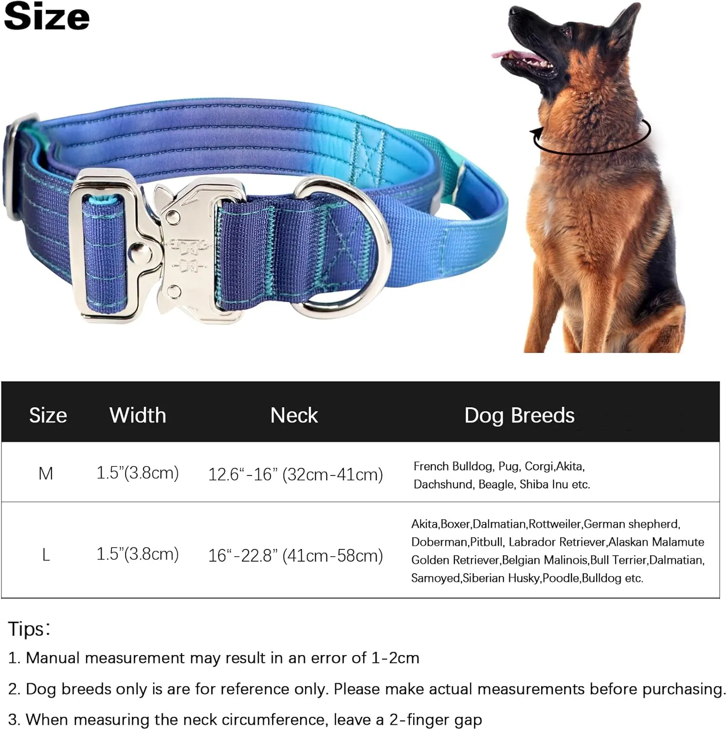 Tactical Dog Collar, Wide Thick Heavy Duty Dog Collar with Handle, Soft Neoprene Padded Military-Grade Nylon Training Collar with Quick Release Metal Buckle for Large Dogs (Blue, M)