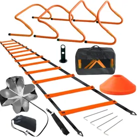 TOCO FREIDO Speed&Agility Training Set  20ft Agility Ladder Set with 12 Rungs, 4 Adjustable Training Hurdle, 12 Disc Cones, 2 Resistance Bands, 1 Running Parachute and Footwork Drills Equipment