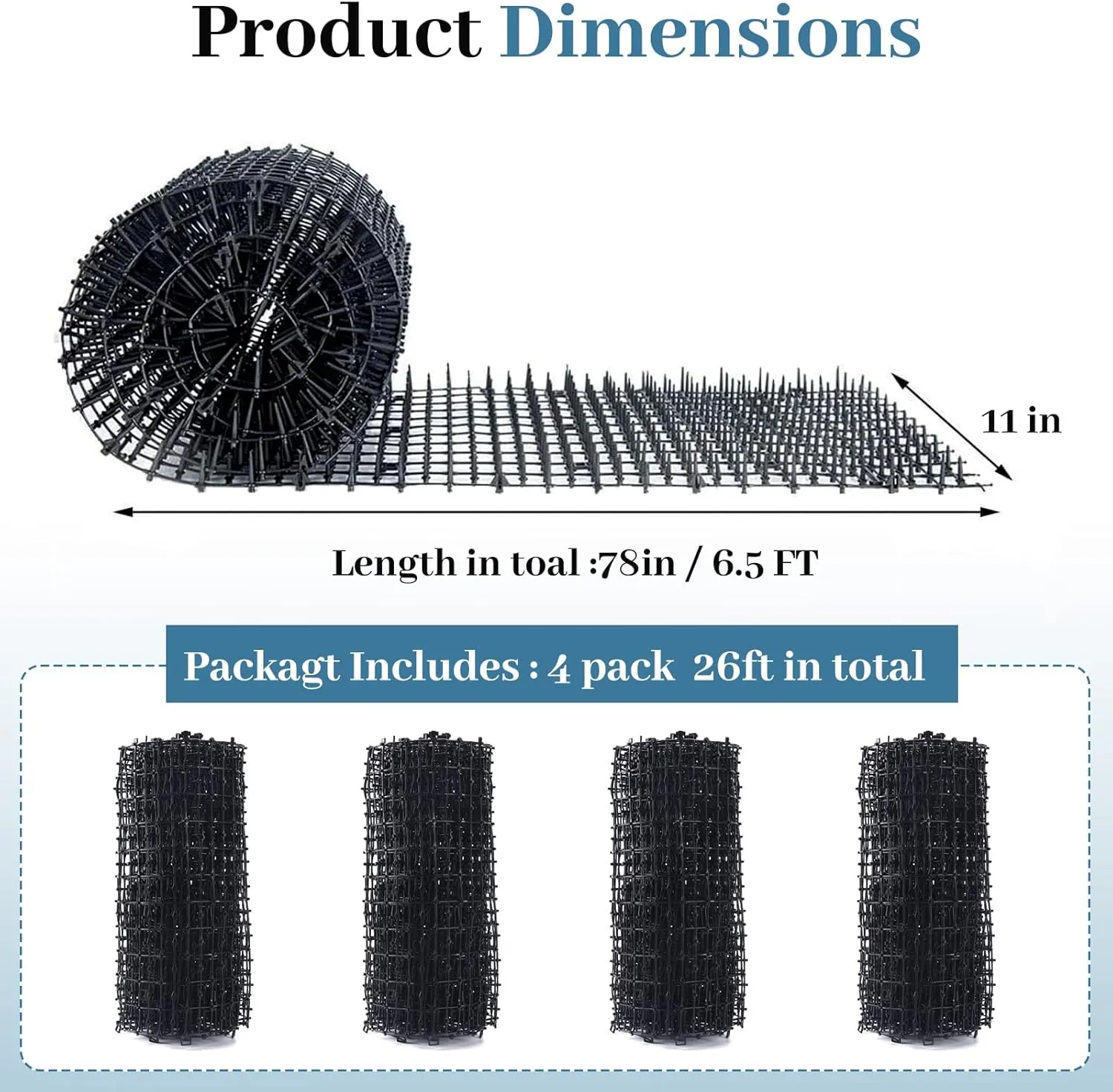 Toopify 26ft Scat Mat for Cat, Cat Scat Mat with Spikes Outdoor, Cat Spikes for Outside - Cat Deterrent Mat (6.5ft 4 Pack)