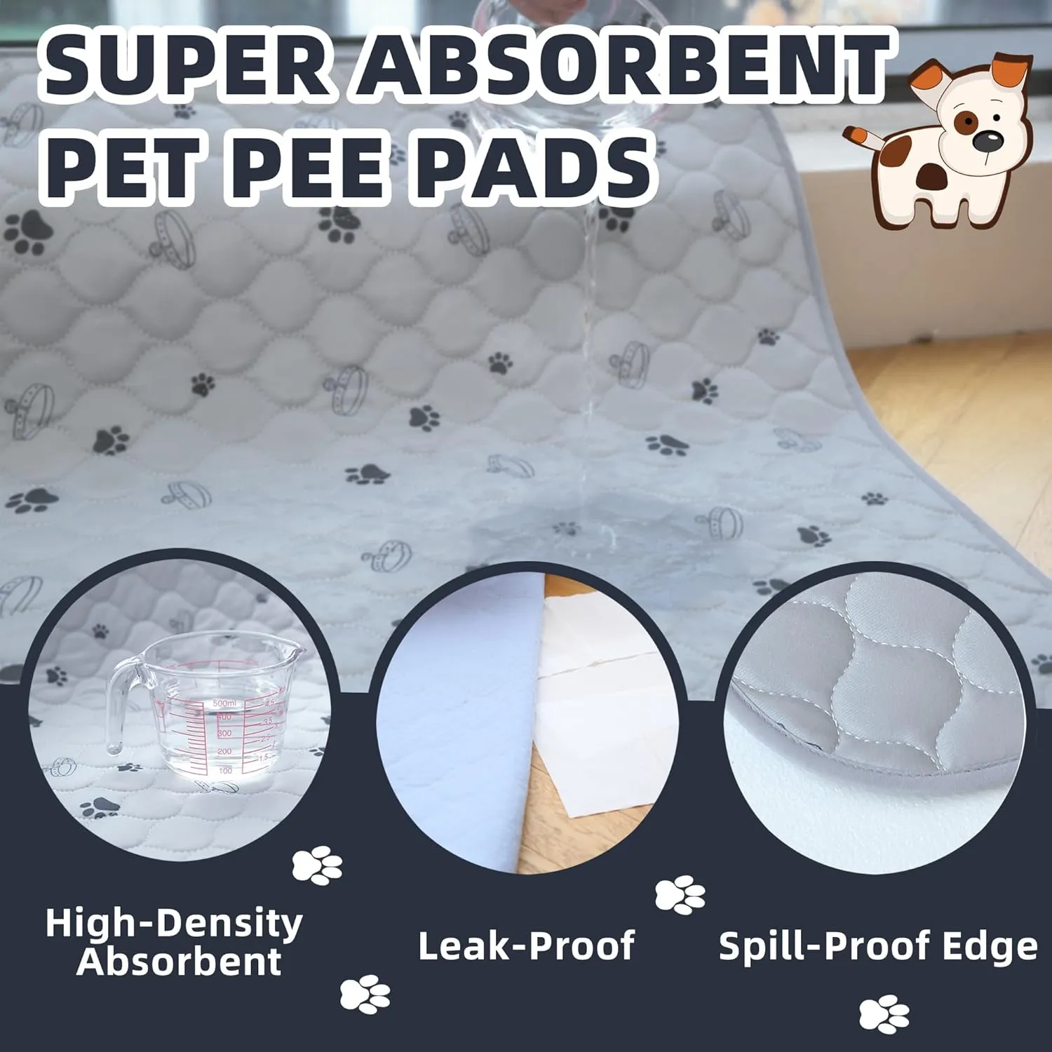 Washable Dog Pee Pads, AZOOLOI 4 Pack 24"x36" Ultra-Absorbent Washable Puppy Pads with Non-Slip Grip and Cute Print, Leak-Proof Dog Pee Pad for Training, Whelping, Housebreaking, Incontinence, Playpen
