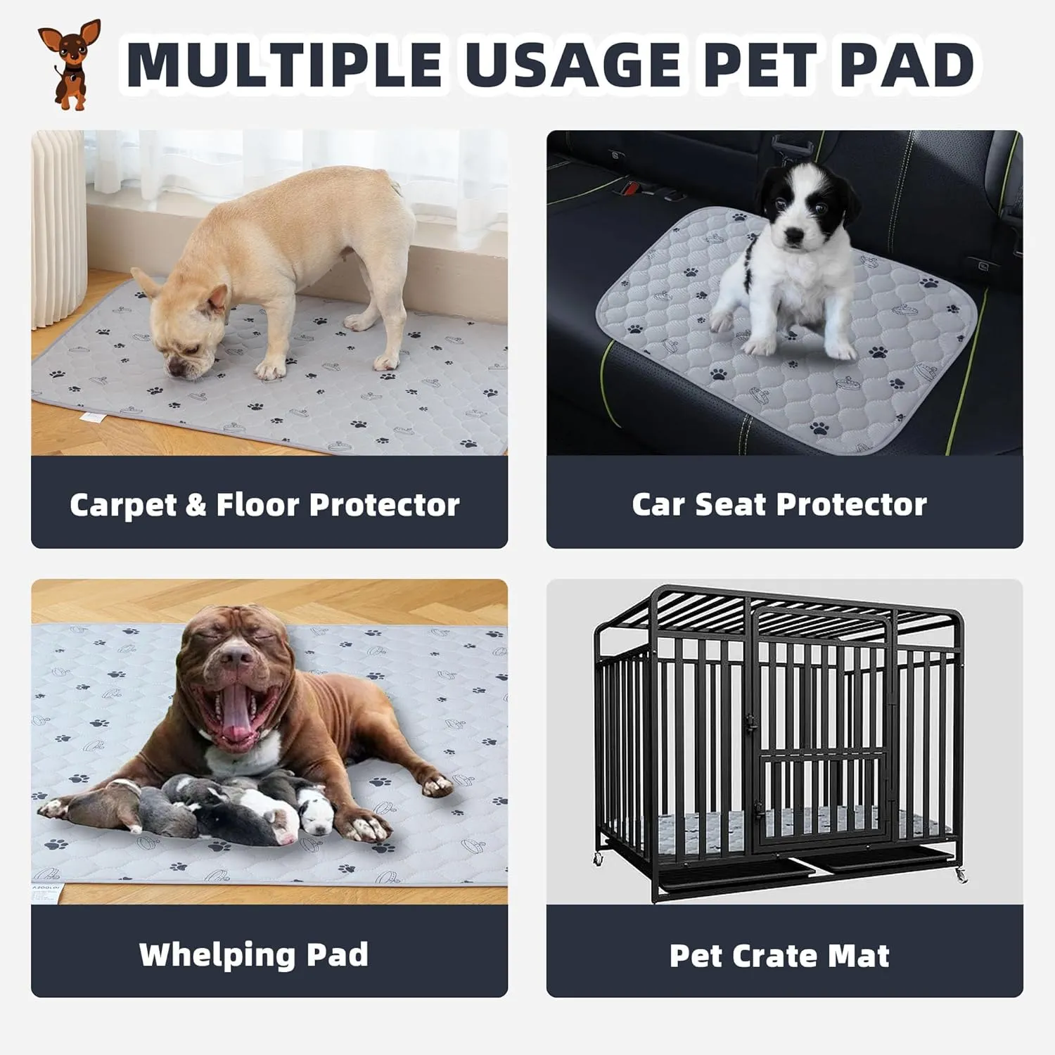 Washable Dog Pee Pads, AZOOLOI 4 Pack 24"x36" Ultra-Absorbent Washable Puppy Pads with Non-Slip Grip and Cute Print, Leak-Proof Dog Pee Pad for Training, Whelping, Housebreaking, Incontinence, Playpen