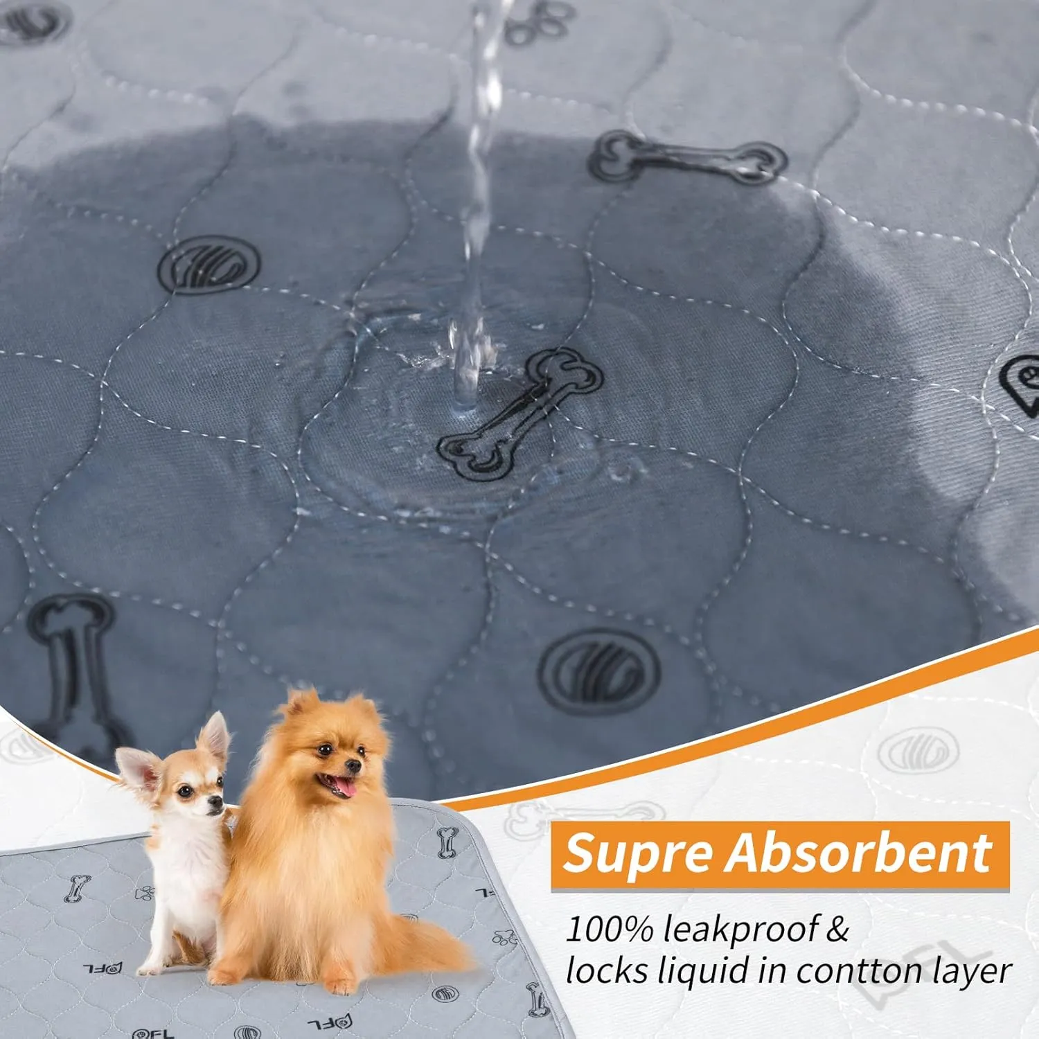 Washable Pee Pads for Dogs, 2Pack Reusable Puppy Pads, Absorbent Whelping Pads with Bone Print, Non-Slip Waterproof Pet Training Pads for Couch, Crate, Potty Training 18x24