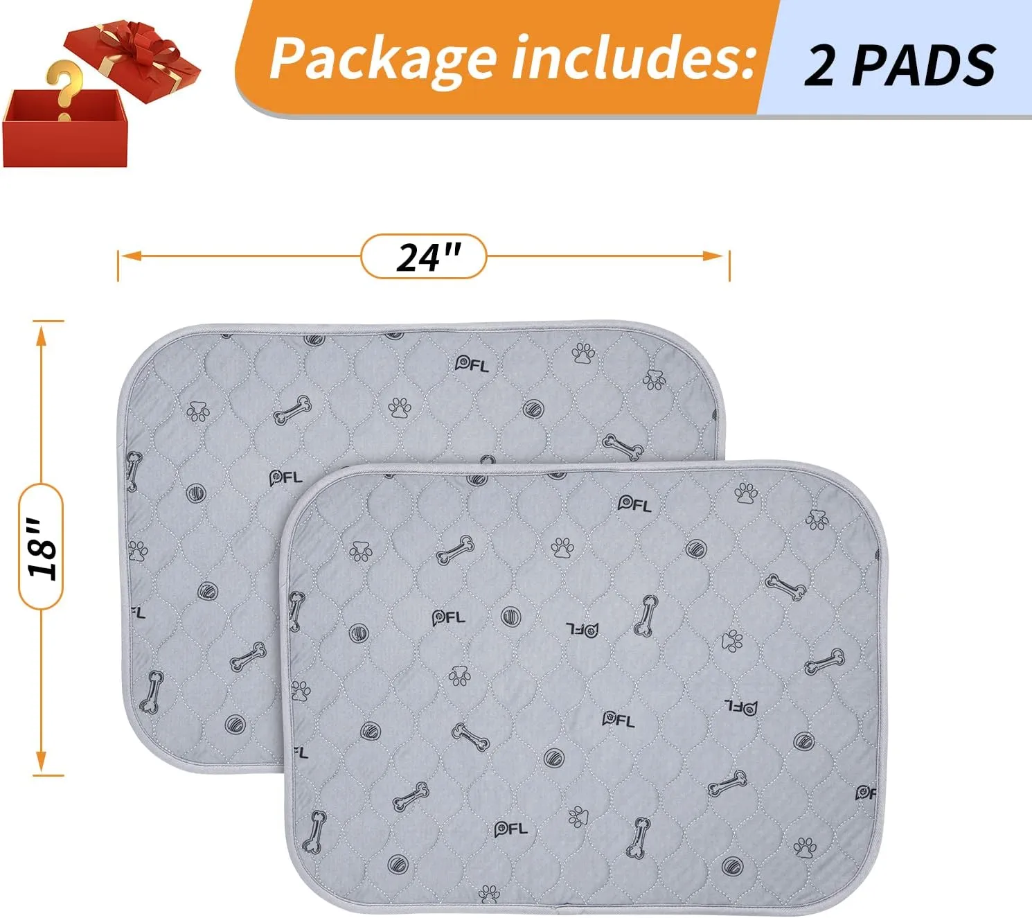 Washable Pee Pads for Dogs, 2Pack Reusable Puppy Pads, Absorbent Whelping Pads with Bone Print, Non-Slip Waterproof Pet Training Pads for Couch, Crate, Potty Training 18x24