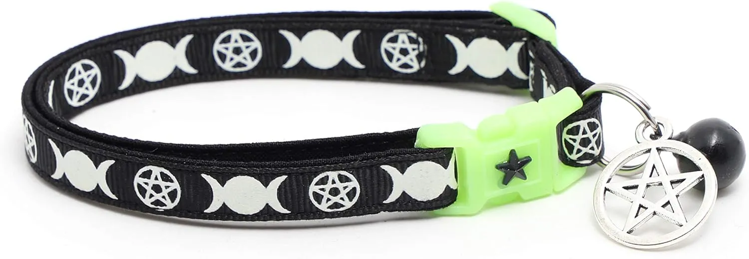 Wicca Cat Collar with Occult Charm & Bell | Witchs Familiar Cat Collar | Witch Kitten Collar Charms | Glow in The Dark | Safety Breakaway Collar (Large(10lbs & Up), Black)
