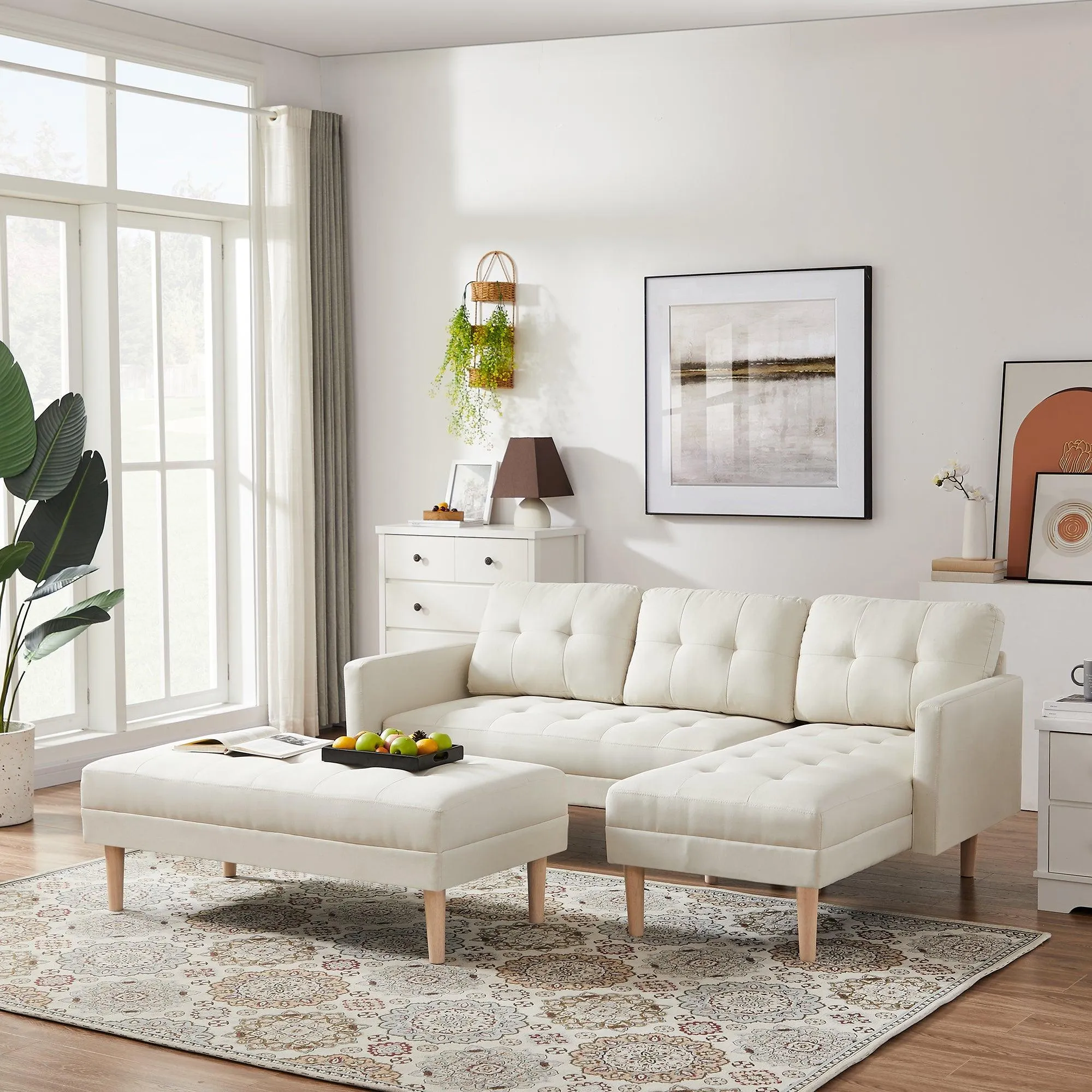 WIIS' IDEA L-shaped Sectional Sofa With Ottoman Bench -  Beige