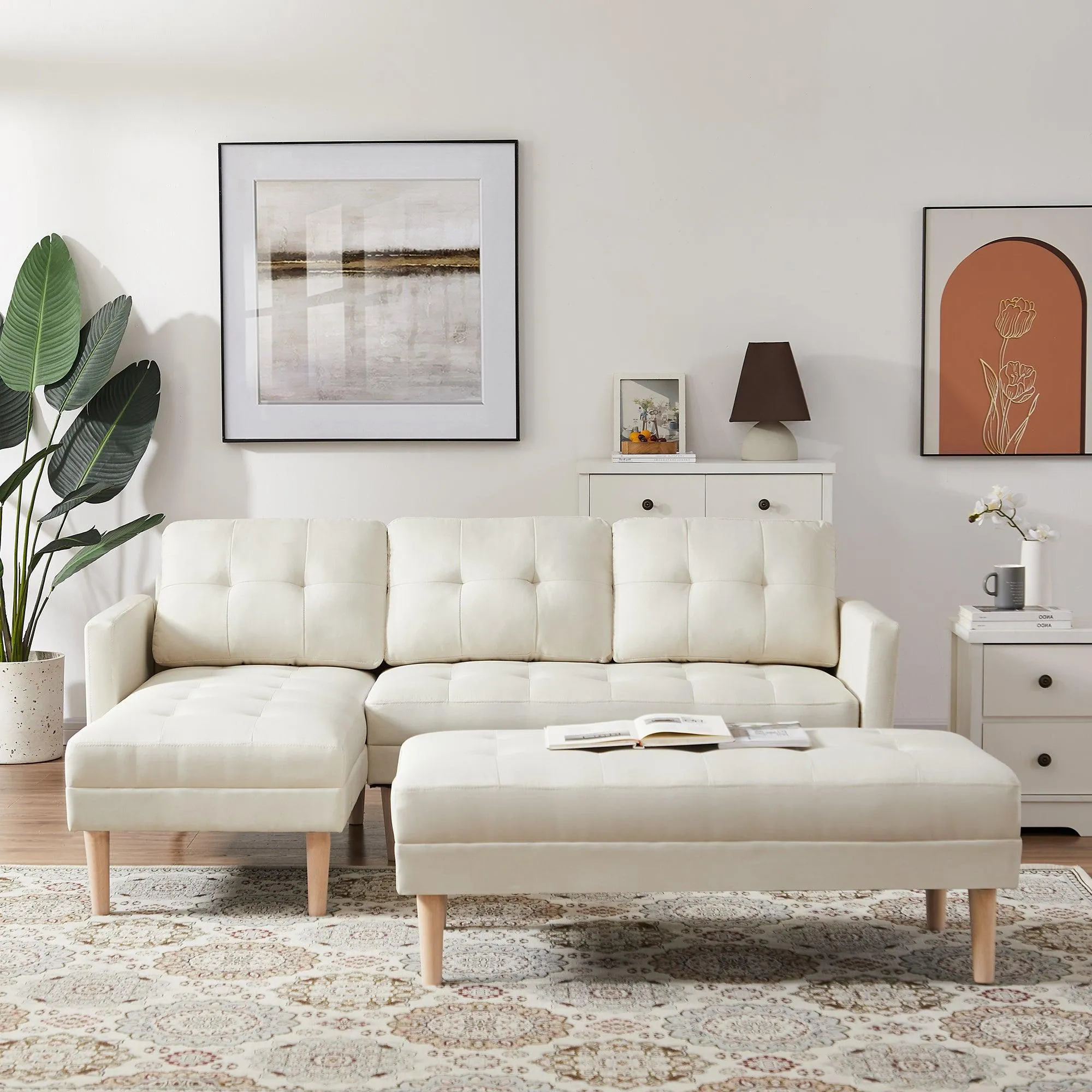 WIIS' IDEA L-shaped Sectional Sofa With Ottoman Bench -  Beige