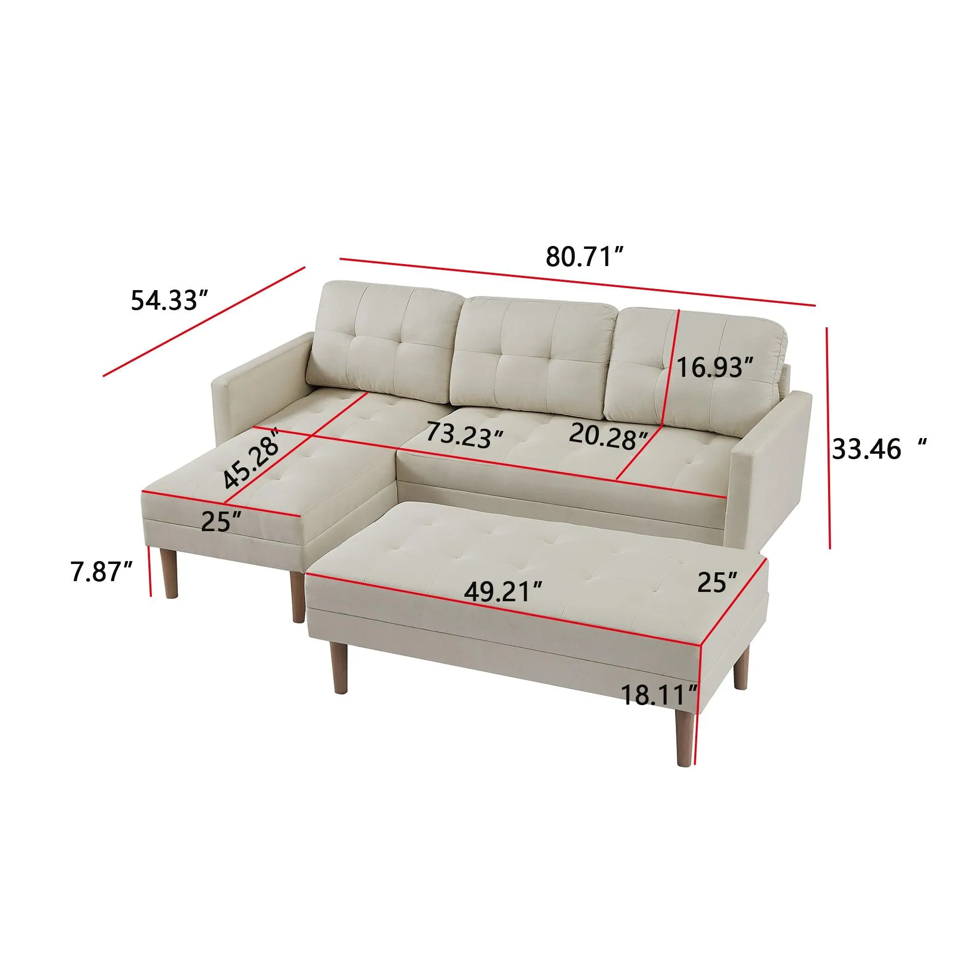 WIIS' IDEA L-shaped Sectional Sofa With Ottoman Bench -  Beige